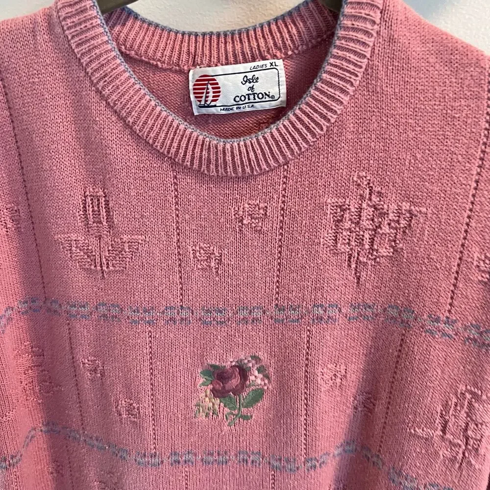 Vtg Isle Of Cotton Pink Short Sleeve Floral Embroidered Sweater Size XL